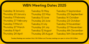 December meeting dates for WBN 2nd Tuesday and 4th Thursday Jan to Nov 2025 4th and 16th December