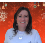 Image of Sharon Louca with a festive red christmas zoom background