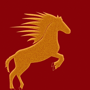 Gold silhouette of a horse with fire from its mane on a deep red background