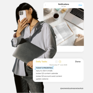 woman with laptop under her arm, phone in front of her face and graphic of to do list and laptop